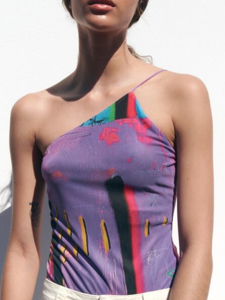 Zara Printed Tulle Bodysuit, Purple Print, Nwt, L